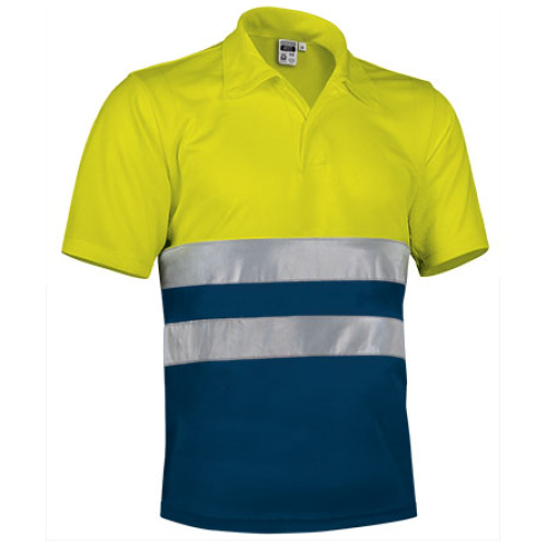 Tricou polo h.v. BUILD galben fluorescent-bleumarin orion - POVABUIAM20